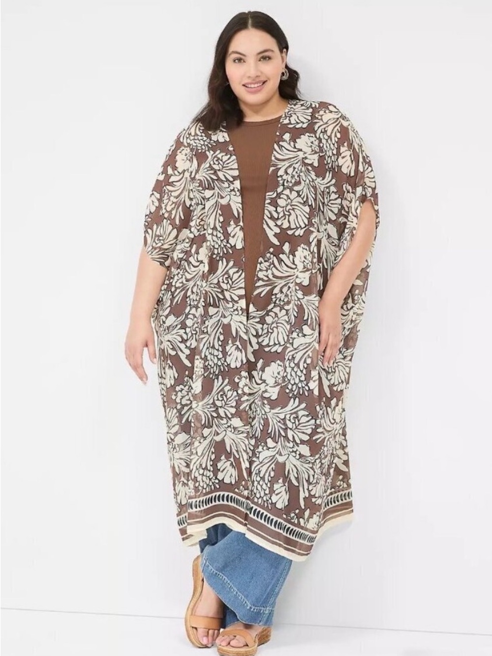 Lane Bryant Brown Floral Kimono Swimsuit Coverup One Size